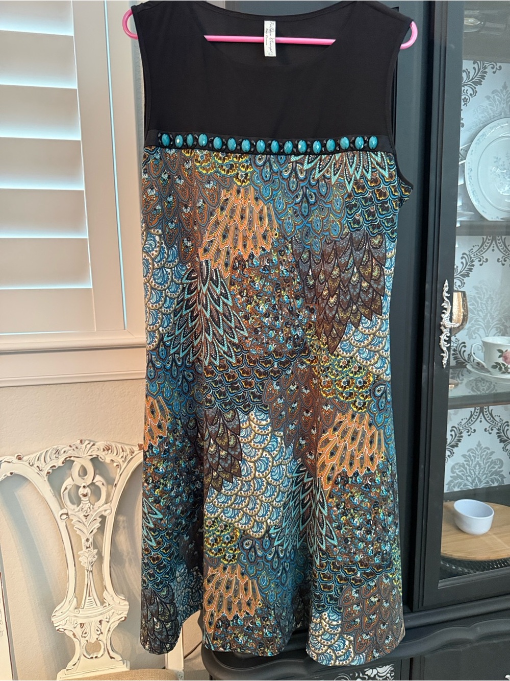 PerSeption Concept Black A-Line Skirt with Teal and Tan Print